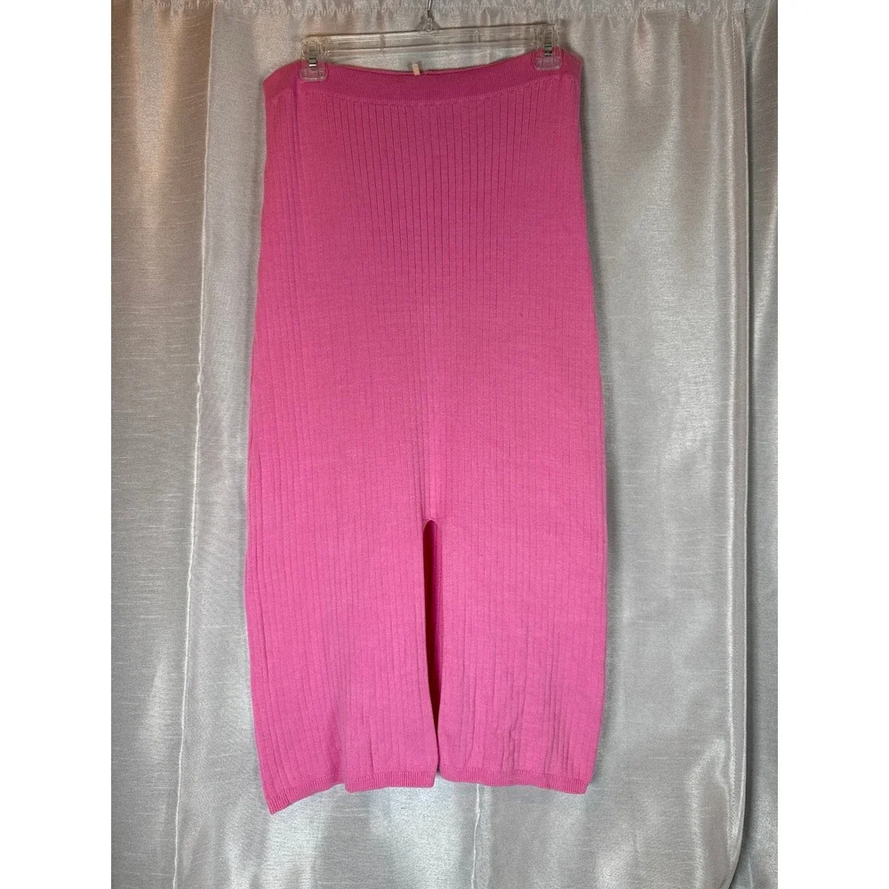 Hot‎ Pink Ribbed Knit Midi Skirt Split Side Elastic Waist Flattering Fit